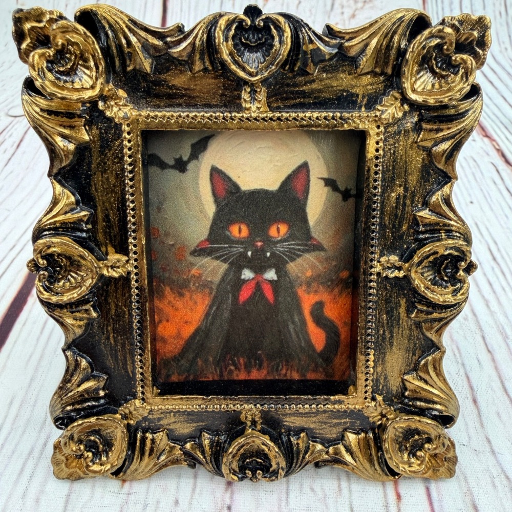 Handmade Black Vampire Cat Decoupage Art Ornate Gold Resin Frame